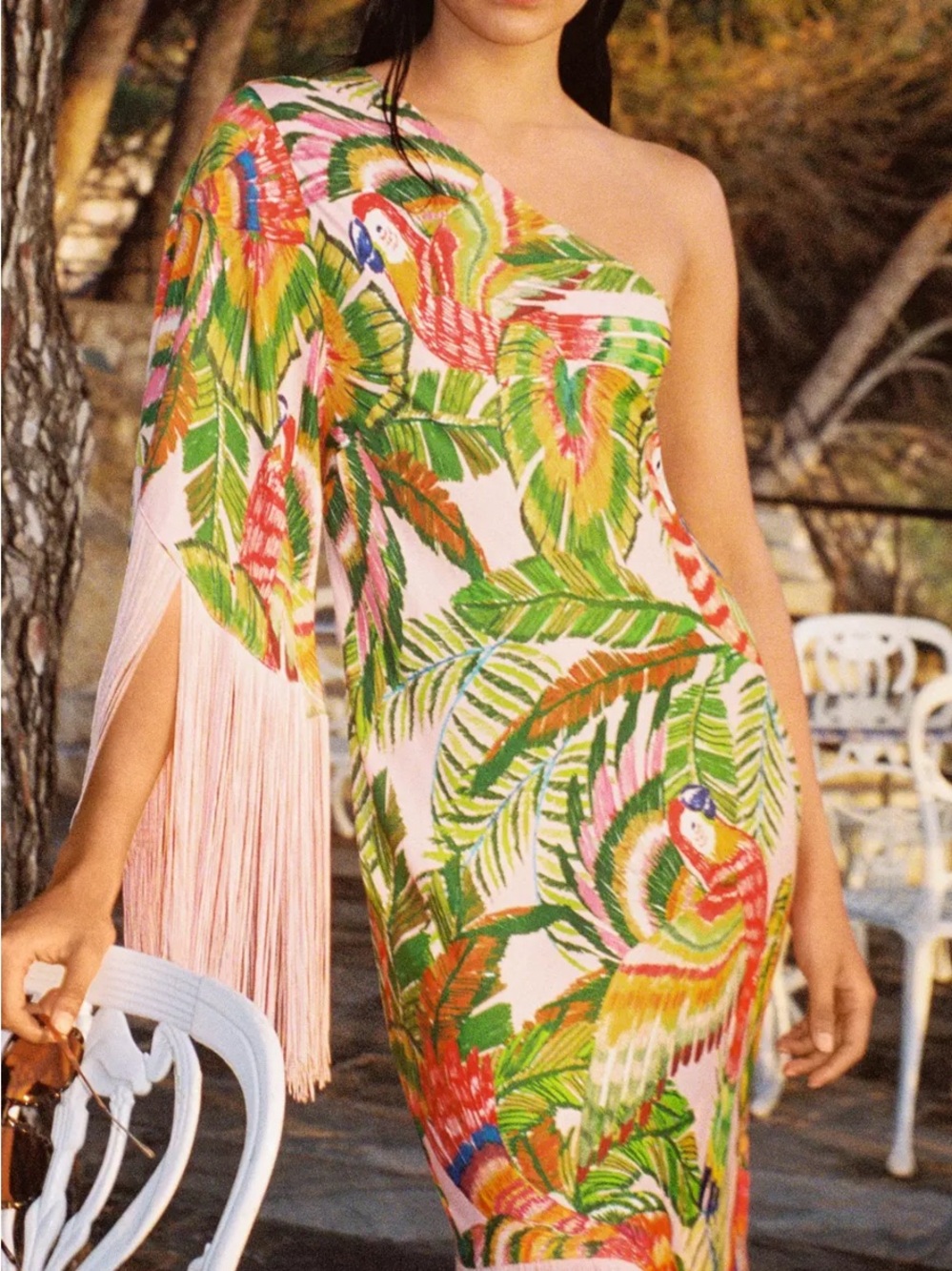 FARM Rio One-Shoulder Tropical Midi Dress in Peach and Green